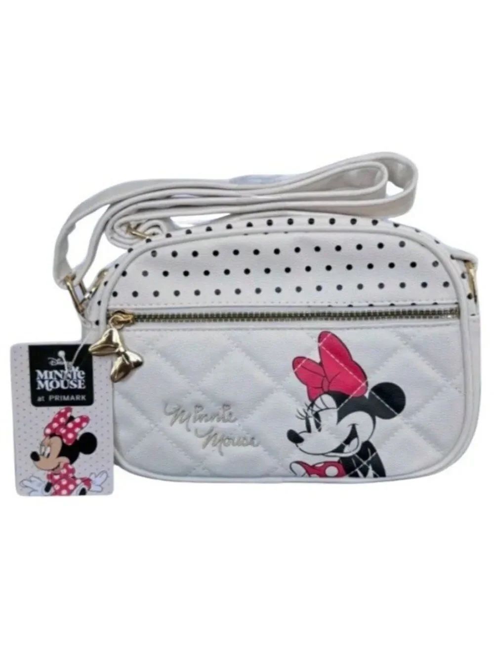 Primark Minnie Mouse White Quilted Crossbody Purse Polka Dots Bow Charm NWT